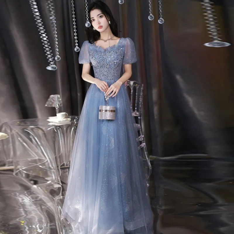 

N11138 Fashion Girls Women Party Dresses Blue Clothes Sweet Memory Elegant Short Sleeves Floor Length Mesh Tulle Prom Dress