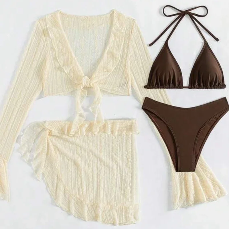 

2025 Sexy Four-piece Women Swimsuit Long-sleeve Cover-up Swimwear Summer Solid Bikini Set Brazilian Beachwear Party bathing suit