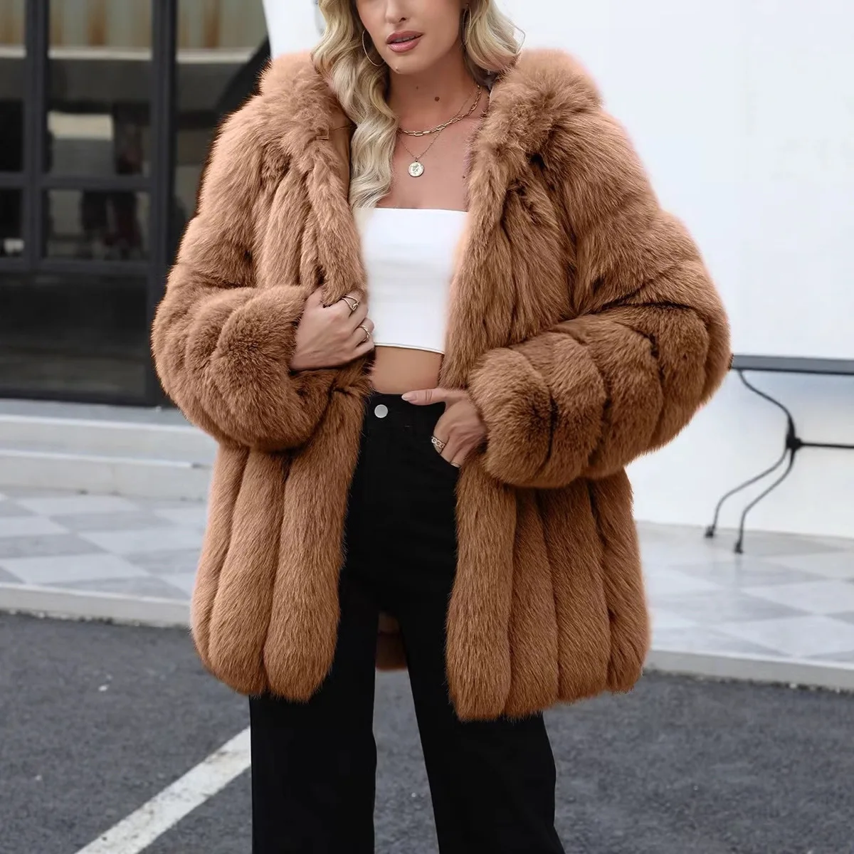 معطف جديد لخريف وشتاء 2025 من فرو الثعلب الصناعي معطف دافئ من القطيفة باللون الرمادي والكاكي والبني متوفر بألوان متعددة #2