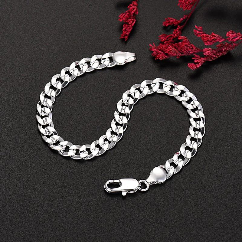 European and American Jewelry 925 Pure Silver Figaro Chain Men and Women 7MM Side Concave Car Flower Bracelet Cuban Chain