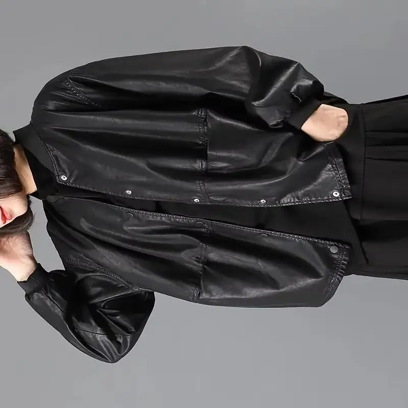 

Korean Ladies Loose Faux Leather Outwear Winter Women Fashion Faux Leather Coat Female Short Leisure PU Leather Jacket