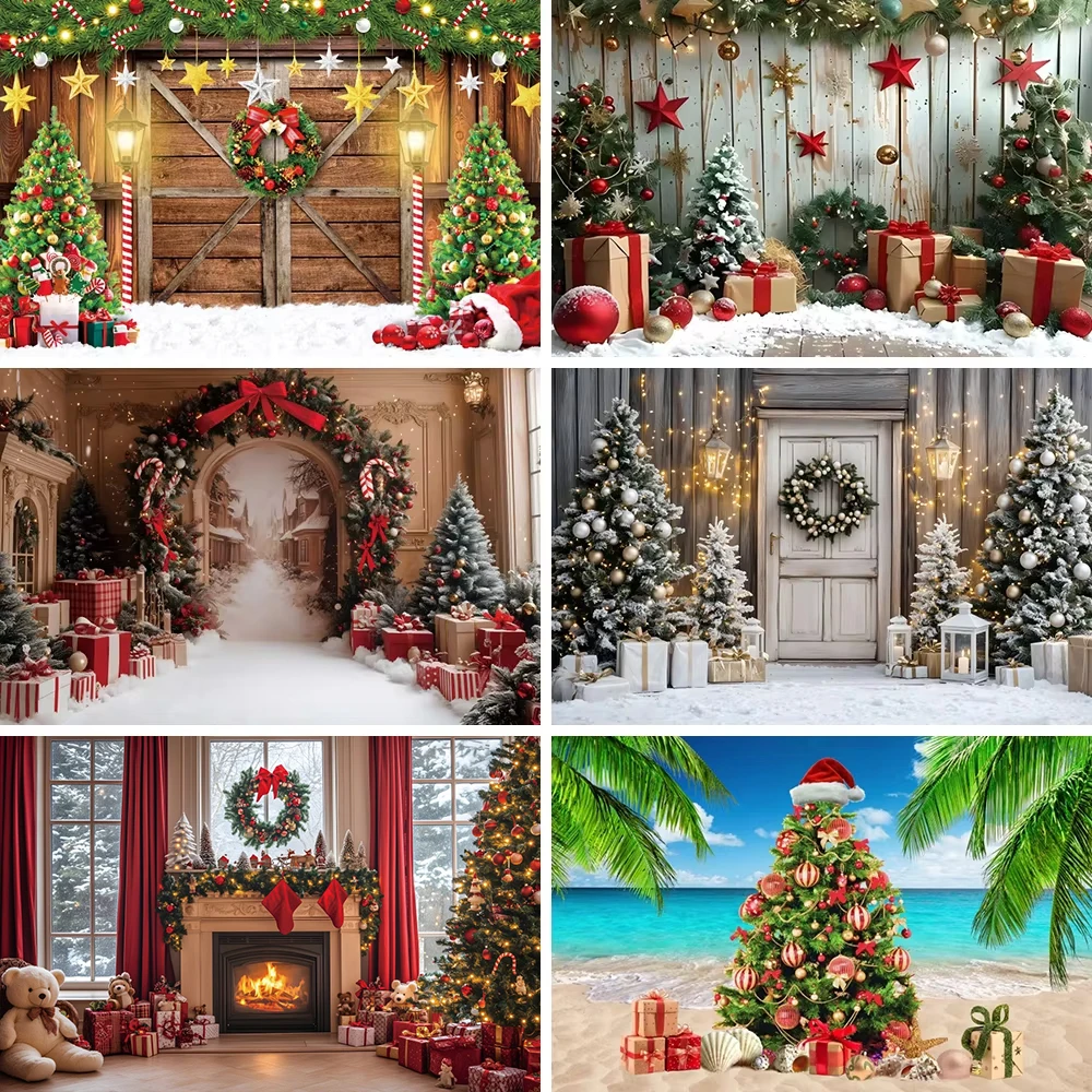 

Christmas Backdrop Window Fireplace Xmas Tree Gift Winter Snow Sock Baby Portrait Photography Background Decor For Photo Studio