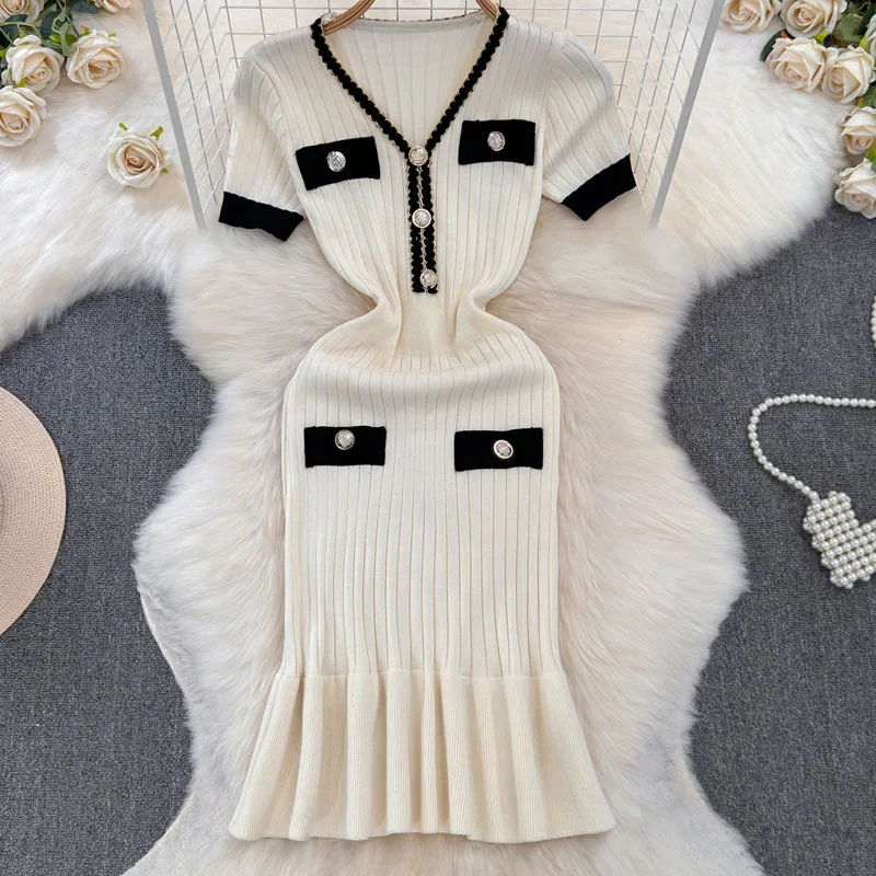

Elegant Knitted Summer Dress for Women Fashion Patchwork Slim Party Dresses Office Lady V-neck Short Sleeve Luxury Dress 2025