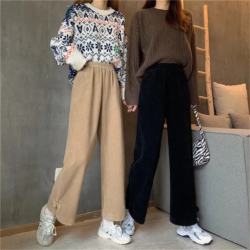 Pantalon Vintage en velours côtelé noir à jambes larges pour étudiantes, pantalon coréen ample et décontracté à neuf points, nouvelle collection automne 2022