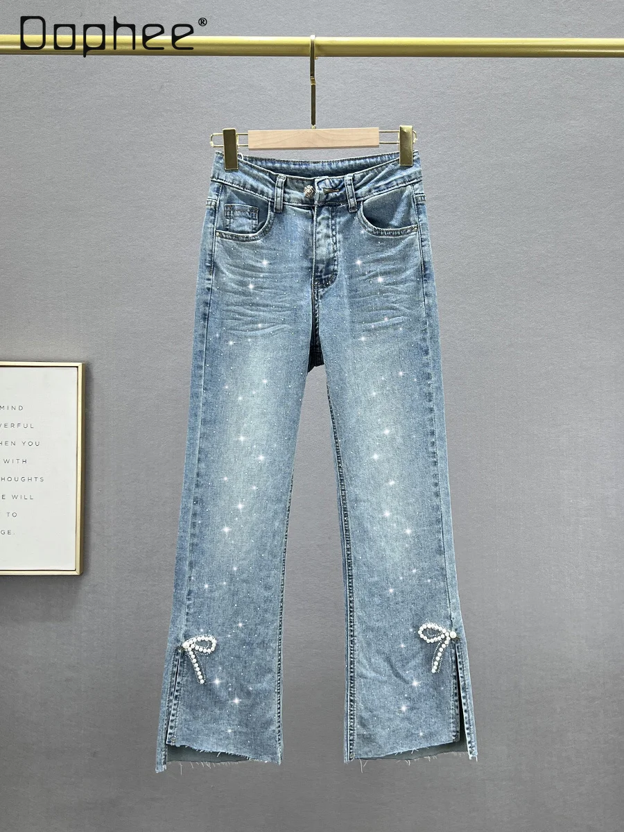 

Rhinestone Denim Flared Pants Women Thin Pearl Bow Slim High Waist Ninth Pants Irregular Hem Casual Jeans Trousers Streetwear