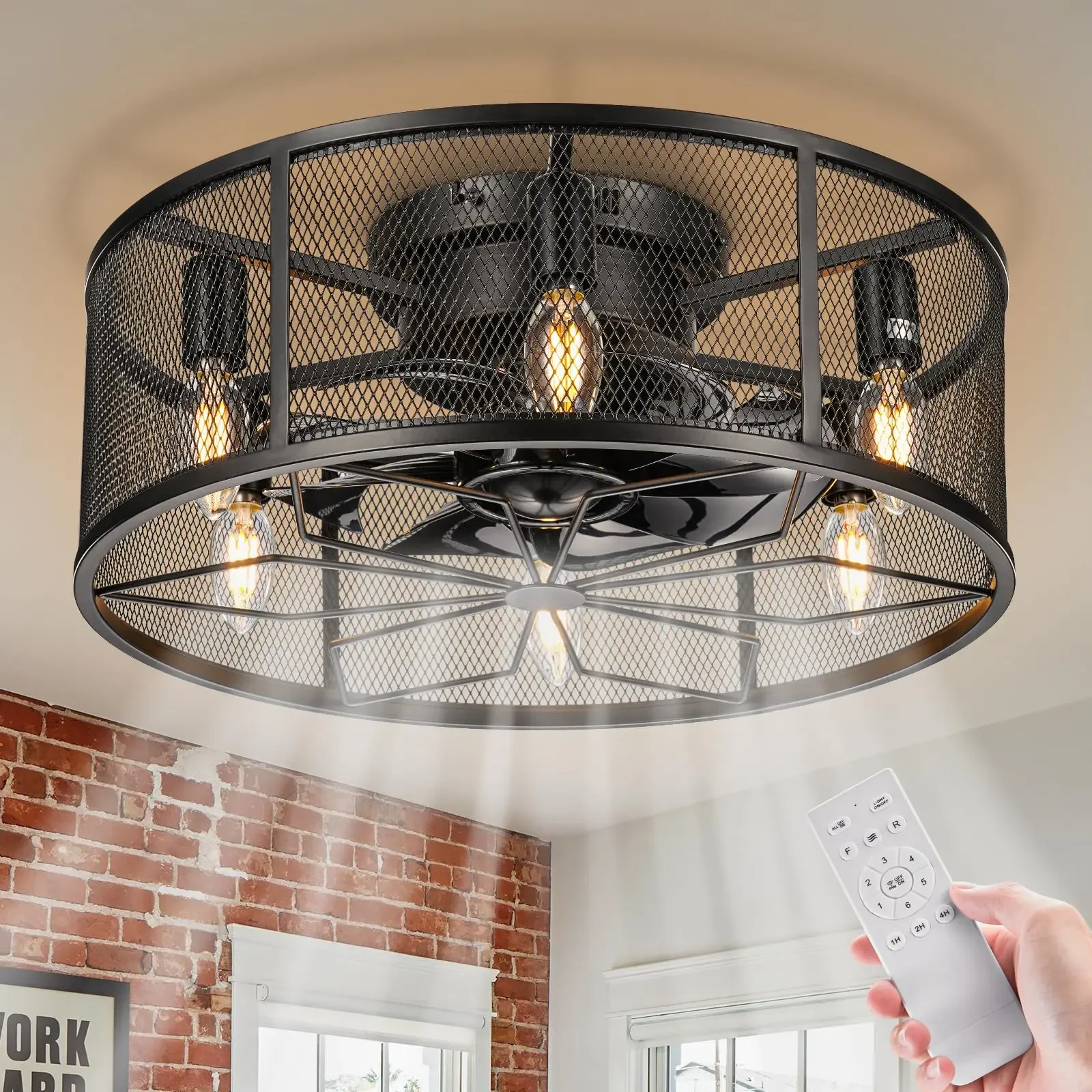 

18'' Black Caged Ceiling Fan with Lights Flush Mount Farmhouse Low Profile Small Remote Control Ceiling Fan Lights Fixture