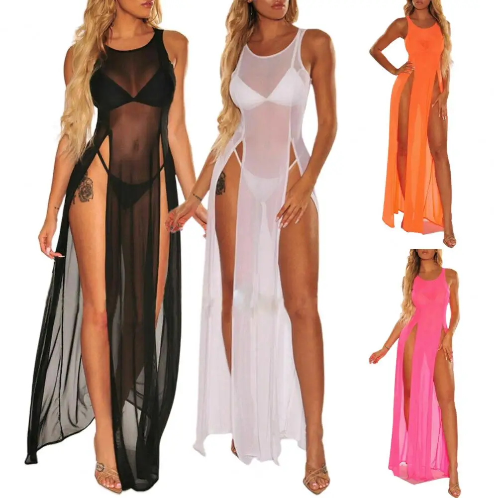 Bikini Cover Up Beachwear Swimsuit Cover Up Mesh See-through  Stylish Solid Color Beach Cover Up