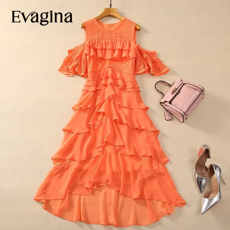 Evagina New Fashion Runway Designer Women's Round Neck Ruffle dge Short Sleeves Cascading Orange Dress