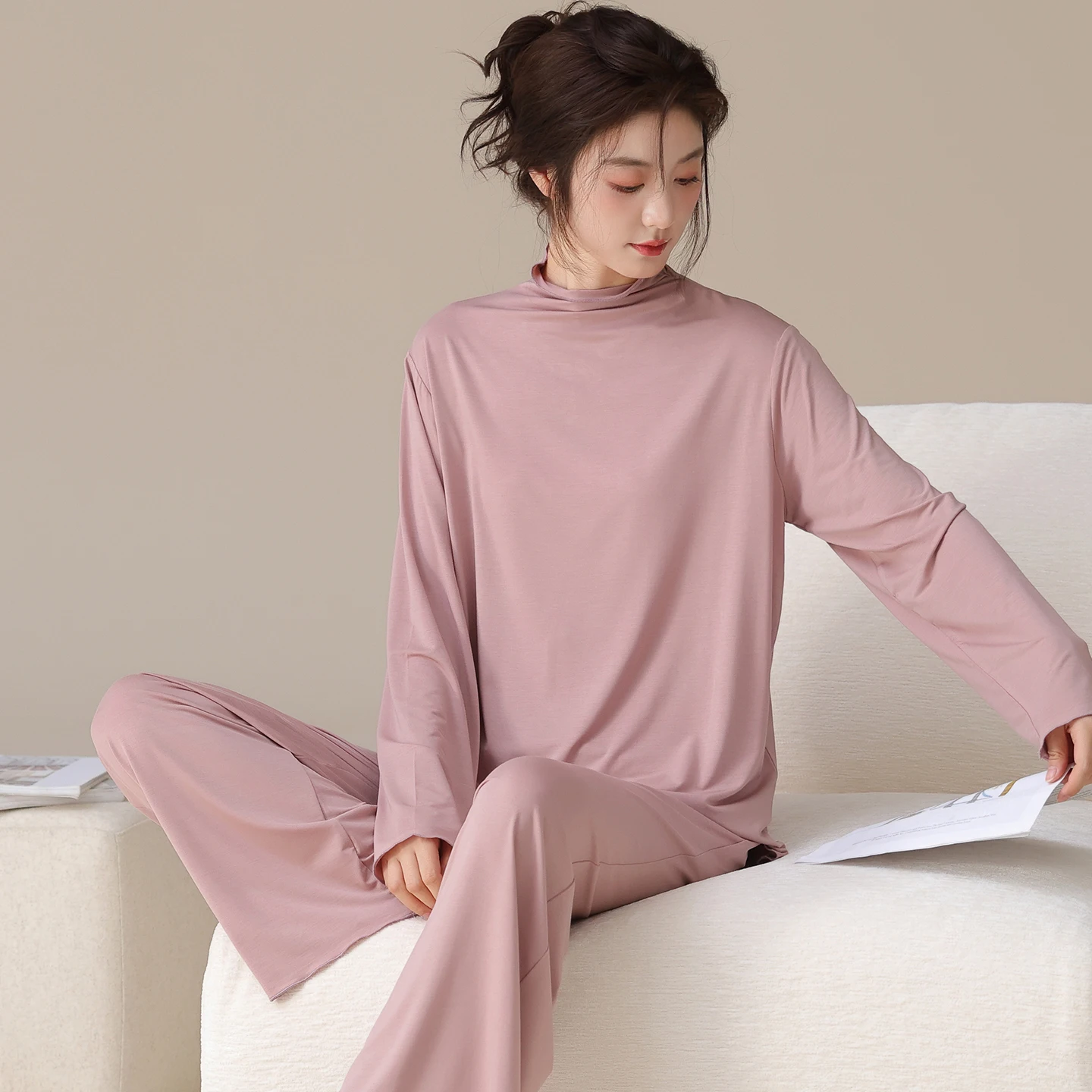 Autumn High Neck Women Pajamas Solid Pyjamas Set Korean 2 Pcs Sets Sweet Pijamas Mujer Casual Tracksuit Sleepwear Home Clothes