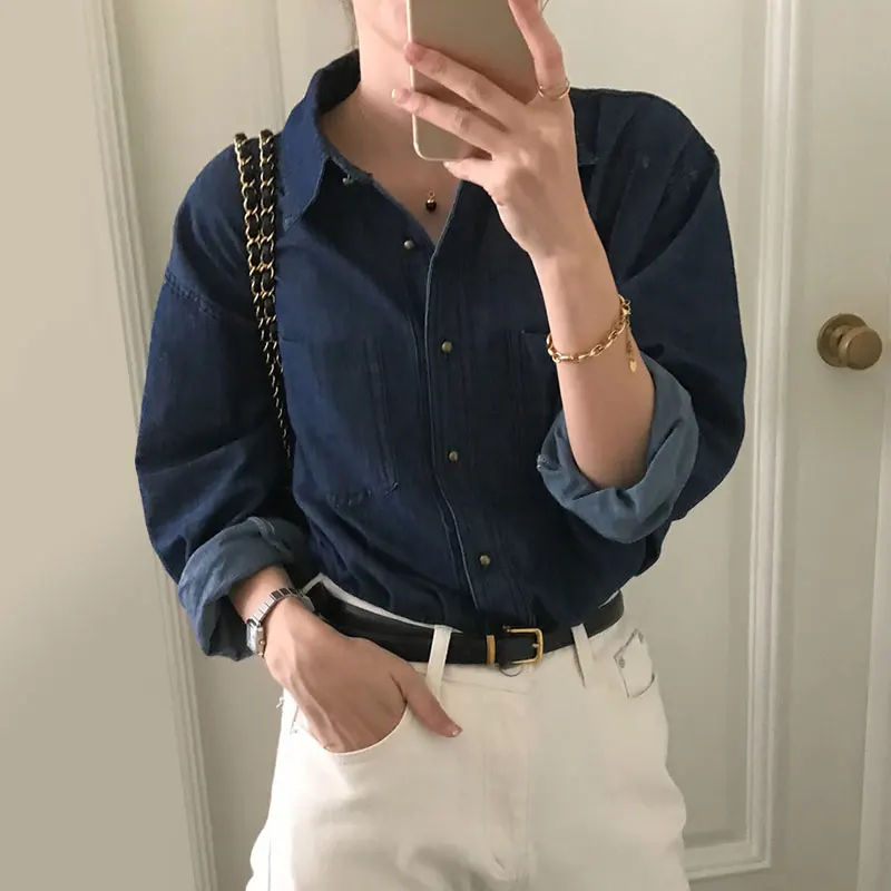 

Vintage Chic Women's Loose Long Sve Button up Collar Denim irt Spring 2023 Faion Versatile Double ket Contrast Stitch