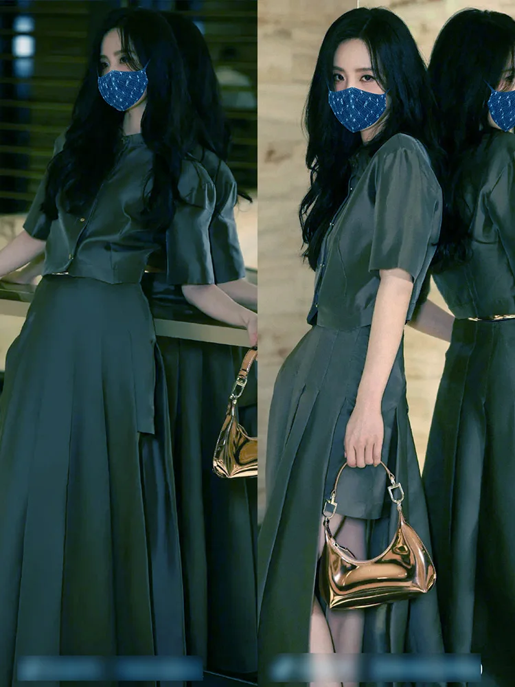 

Комплект: укороченная рубашка и юбка миди, женская модная асимметричная плиссированная юбка с эффектом похудения, полиэстер, весенний сезон