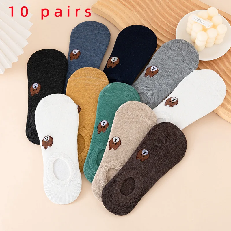 

10 Pairs of WOMEN'S Cotton Socks, Casual Breathable Short Socks, and Girls' Cartoon Bear Low Cut Ankle Boat Socks