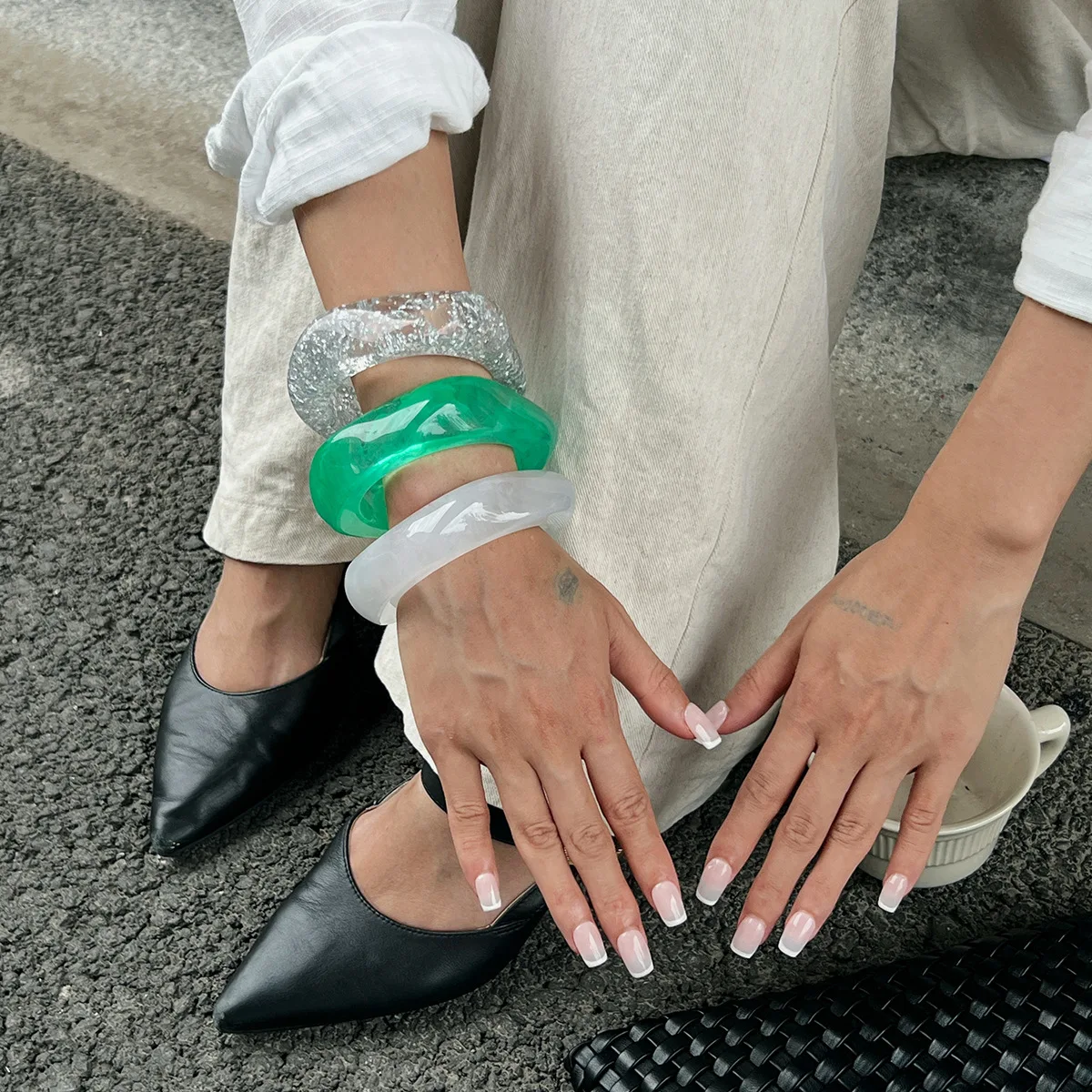 

Irregular Silver Foil Transparent Bracelet Green White Thick Bangles Geometric Chunky Resin Bracelets for Women Fashion Jewelry
