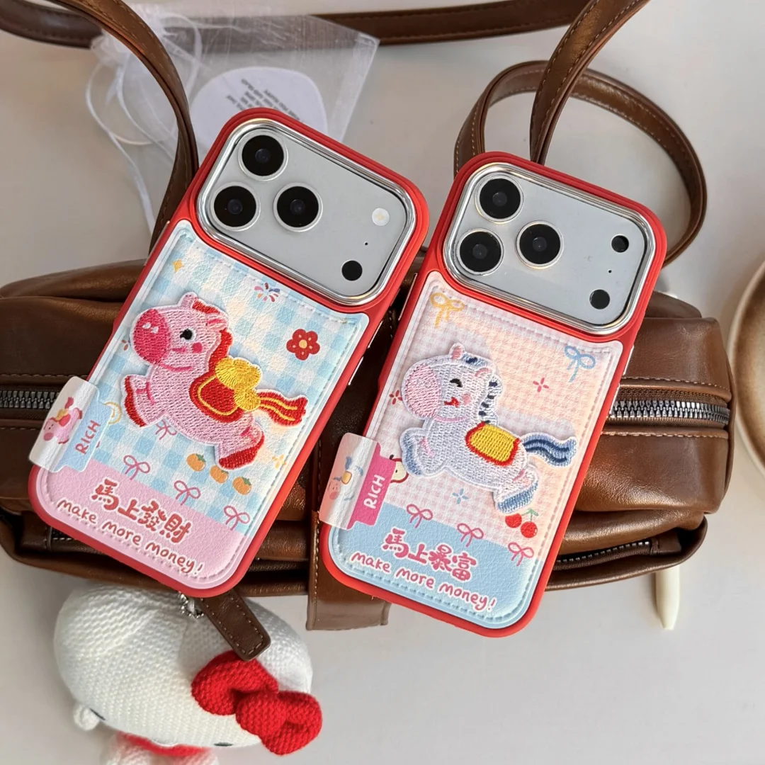 

Fashion Lucky Horse Cartoon Pink Checkered pattern Phone Case for IPhone 17 Pro Max 16 15 14 13 Pro Max 13 MINI XS Back Cover
