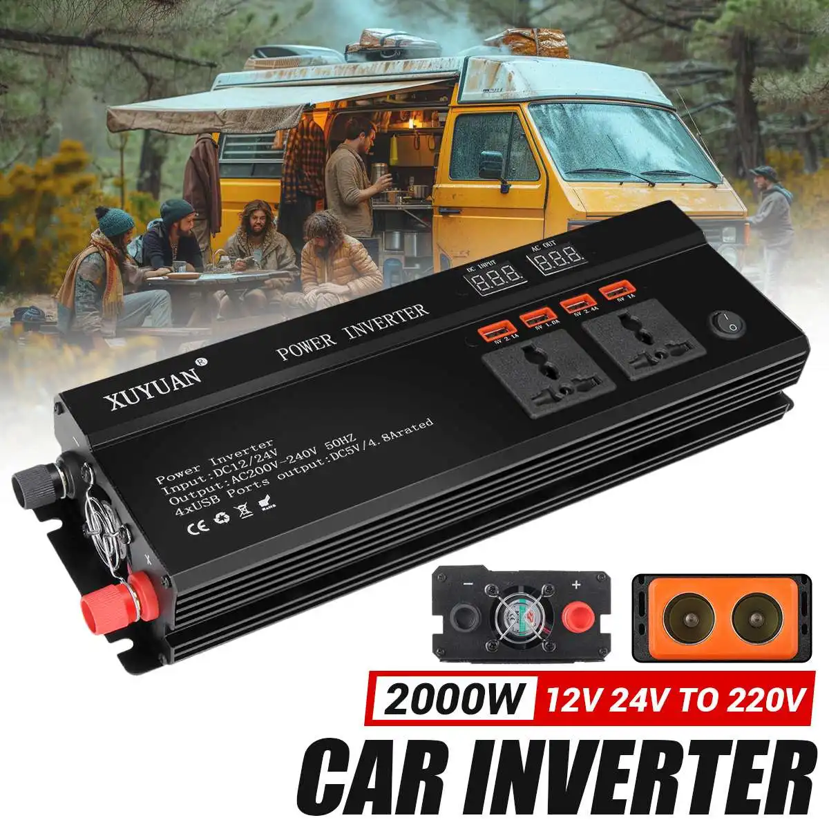 

2000W LCD Display Solor Power Inverter DC 12V/24V to AC 220V black Voltage Converter Auto Accessories