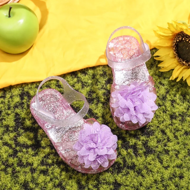 Girls Glitter Jelly PVC Flower Accessories Sandals Toddler Little Kids Buckle Closure Retro Woven Cut-Out Summer Beach Shoes - view 4