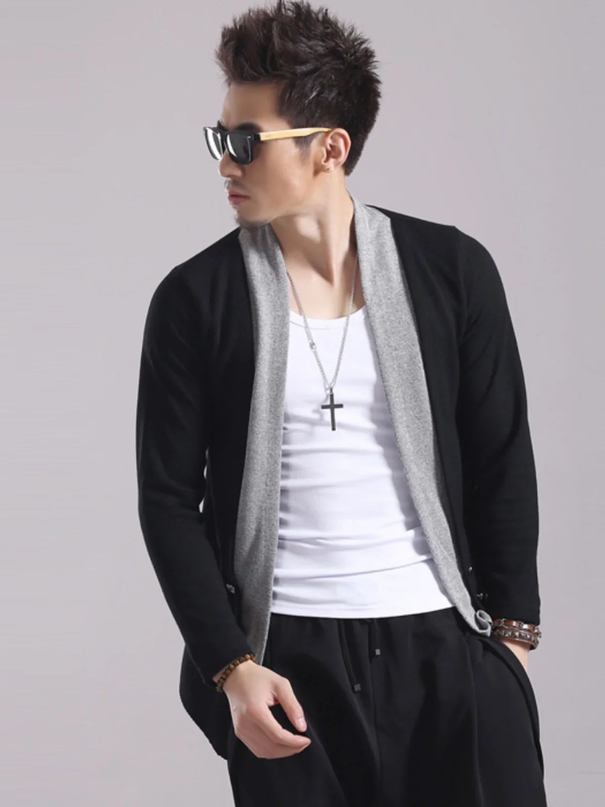 

Spring Summer Men's Open Cardigan Jaet No Button Thin Sle Bla Knitted Outerwear Faionable Casual Long Sve Sweater