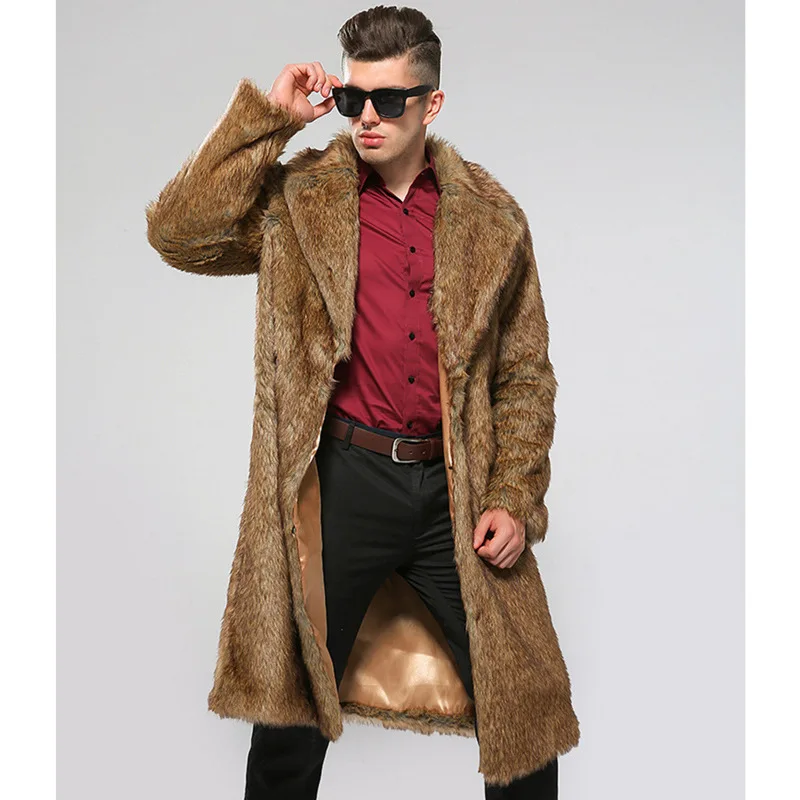 Luxury Brand Men Long Faux Fur Coat Thick Warm Long Sleeve Trench Coat Windproof Jacket Fur Coat Slim Korean Fashion Snowsuit