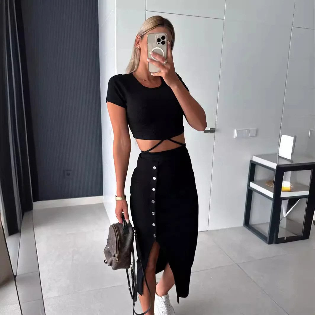 Sunner Women Crop Tops And Split Slim Mini Skirt 2 Pieces Sets Short Sleeve T-shit Body Midi Skirts Two Pieces Party Club Suits