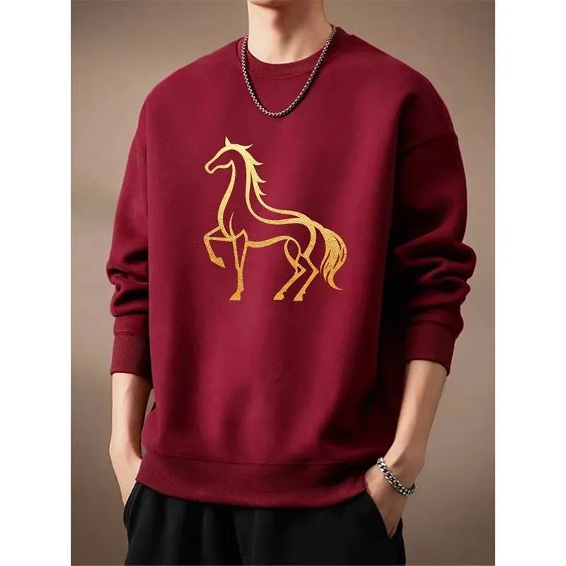 

Мужская толстовка больших размеров на осень-зиму, винно-красная, с круглым вырезом, с принтом, теплая, из полиэфирного волокна, повседневная, уличный стиль, новогодняя коллекция