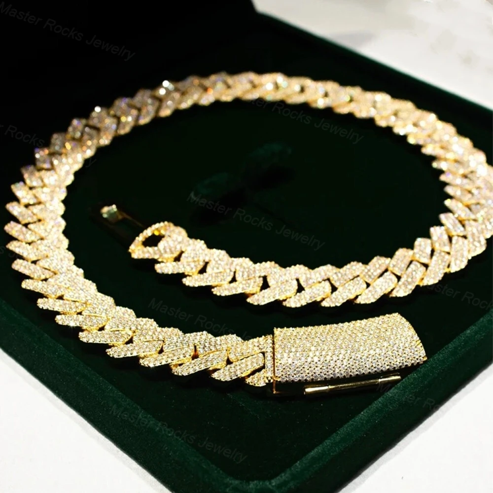 Dope Hiphop 925 Sterling Silver Iced out Jewelry Buss Down Gold Plated 4 Rows 20mm Moissanite Cuban Chain