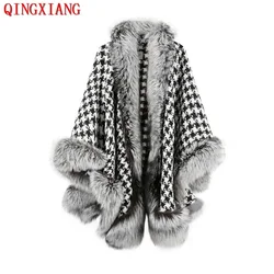 Women Winter Thick Warm Houndstooth Loose Poncho Big Pendulum Shawl Cape Big Faux Fox Fur Cloak Outer Street Wear Long Overcoat