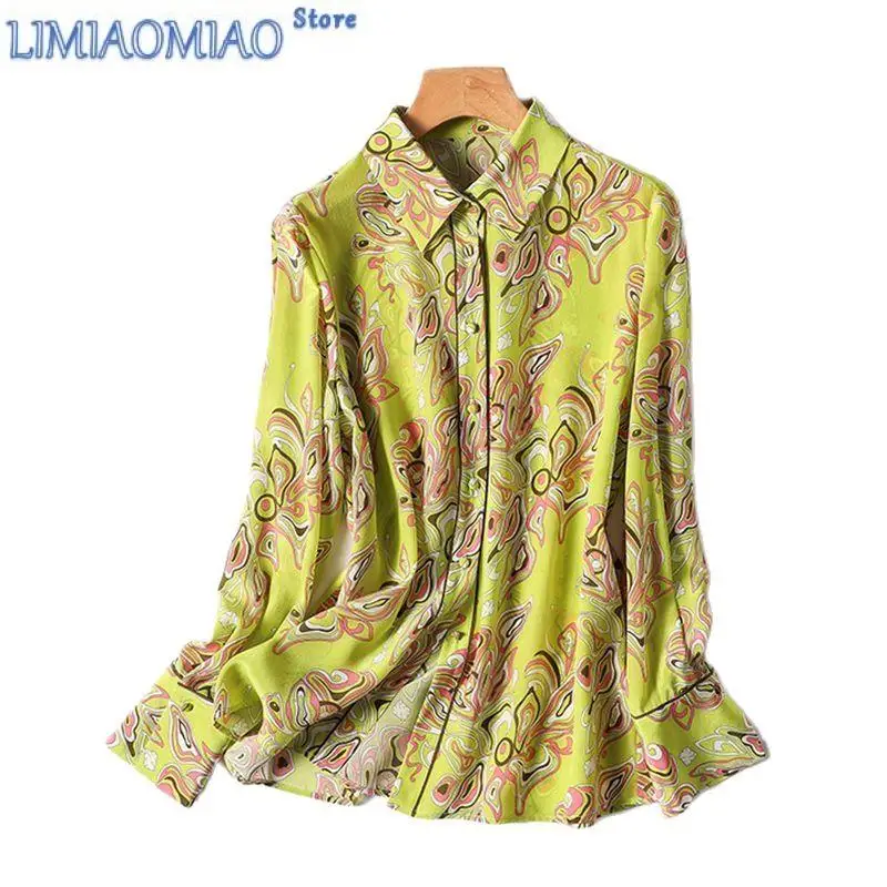 New Yellow Geometric Print Vintage Long Sleeve Single Breasted Women Blouse Shirt Korean Fashion Female Blouses Top Spring