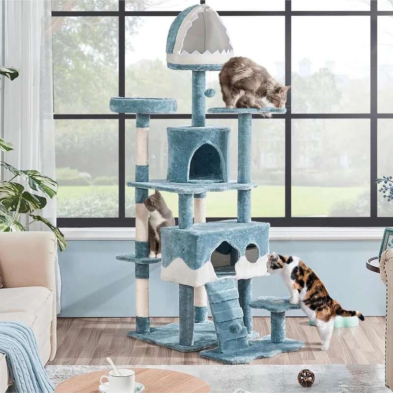 72.5inch Ocean-Themed Cat Tree Tower, Multi-Level Large Cat Tree for Indoor Cats with Shark's Mouth Bed & 2 Big Condos