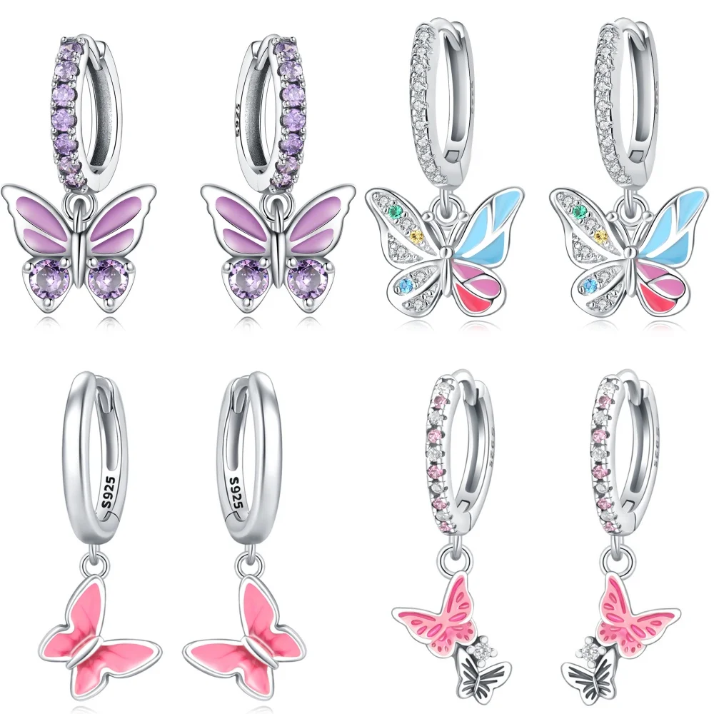

925 Sterling Silver Purple Butterfly Insect Drop Earrings Women Earrings Girl Fashion Versatile Party Jewelry Birthday Fine Gift