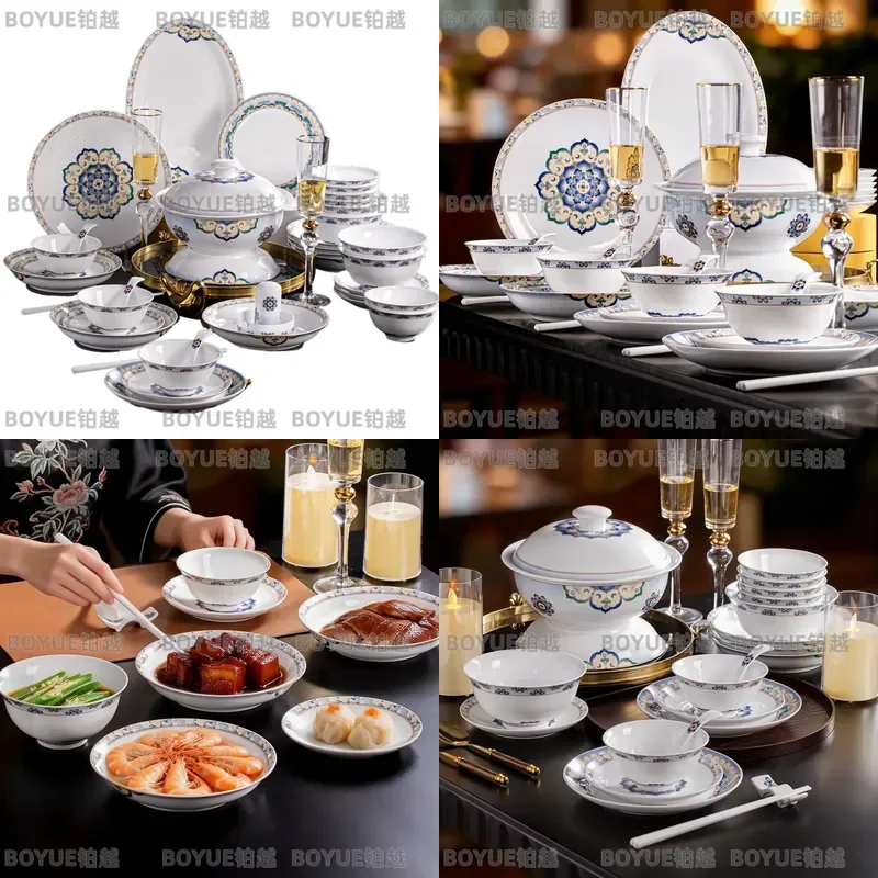 Jingdezhen High Temperature Underglaze Ceramic Tableware Set Household Rice Bowl Vegetable Plate Noodle Soup Bowl White
