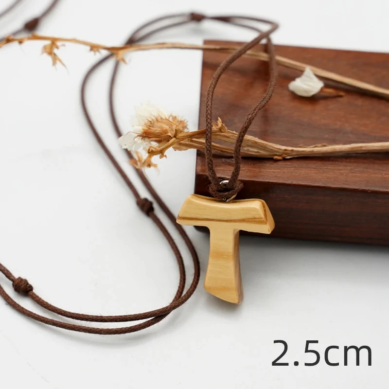 Religion Olive Wood Tau Cross 4/3/2.5CM Pendant with Rope Couple Necklace Religious Jewelry Catholic Wooden Necklace for Women