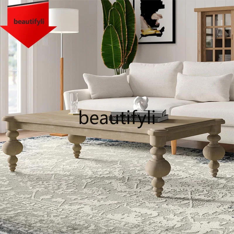 

A38 American Country Style Solid Wood Weathered Gray Vintage Living Room Coffee Table Simple Rectangular Storage Tea Table