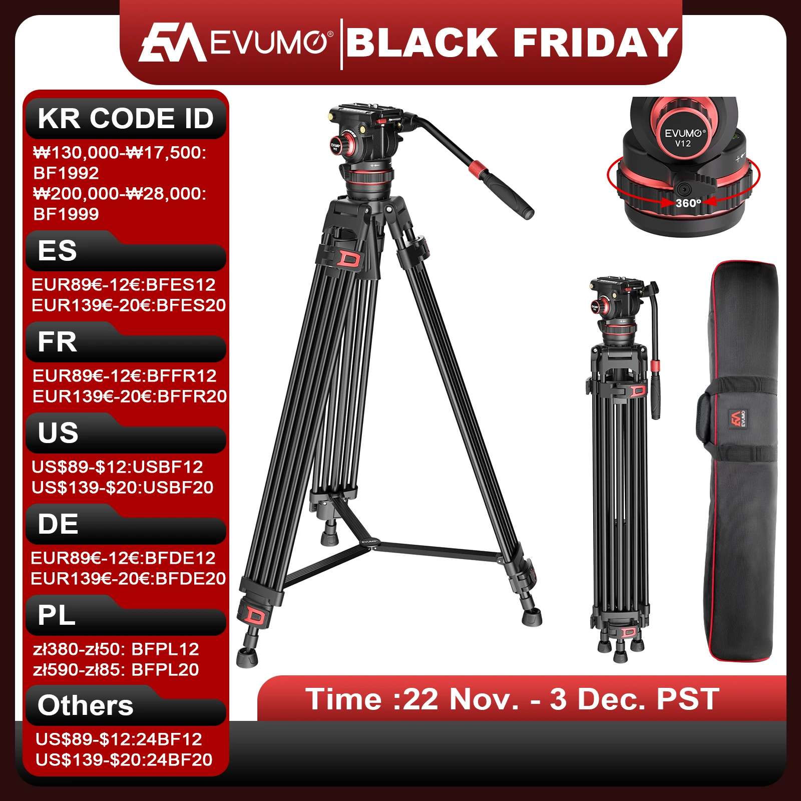 EVUMO DF6 Professional Video Tripod Stand 74'' Metal Heavy Duty Panorama Head 3Section Load 22lb/10kg for DSLR Camera Camcorder