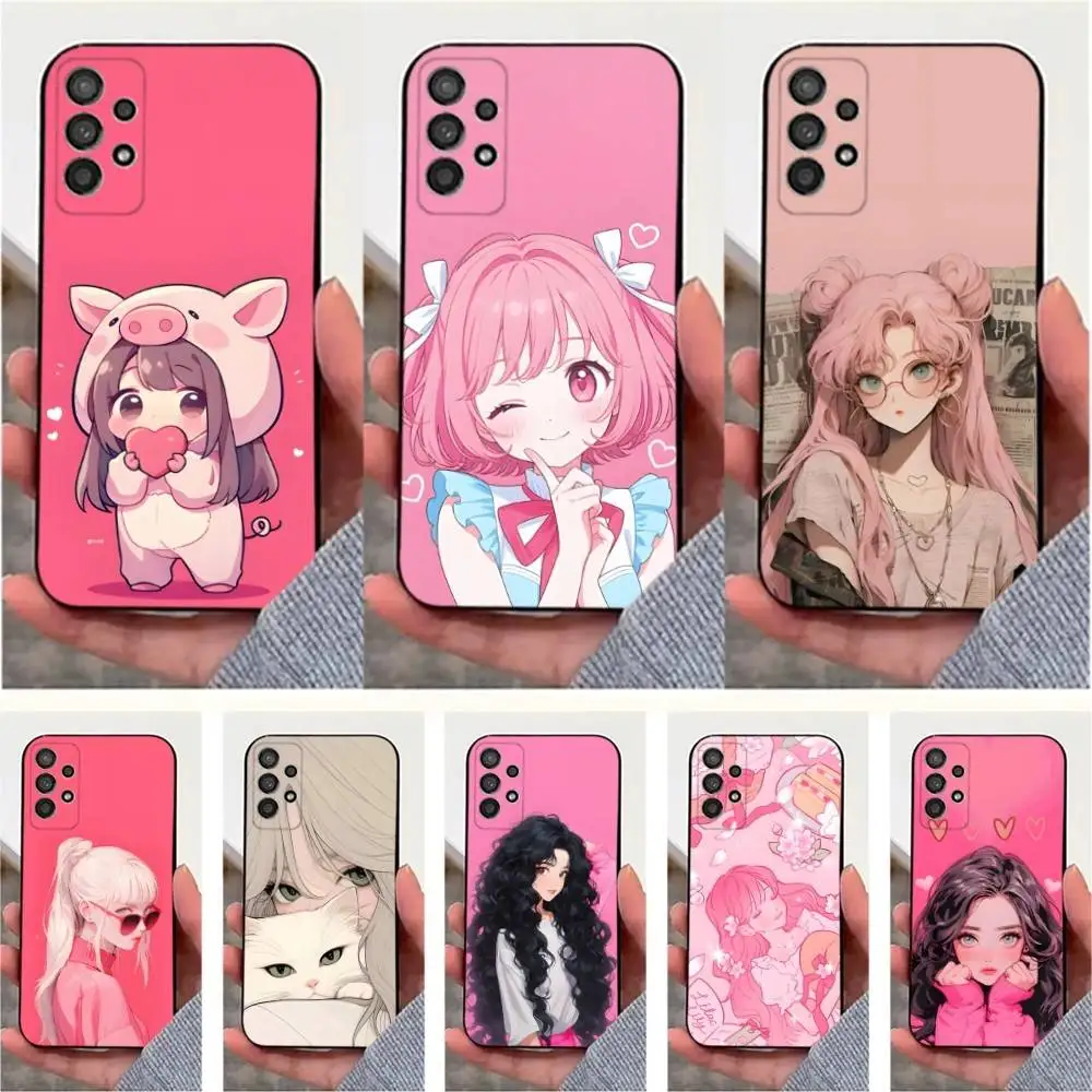 

Beauty Girl Cartoon Pink Case For Samsung S25,S24,S23,S22,S20,S21,S10,Ultra,Plus,Lite,FE,Soft Silicone Black Cover