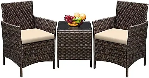 3 Pieces Patio Furniture Sets Outdoor PE Rattan Wicker Chairs with Soft Cushion and Glass Coffee Table for Garden