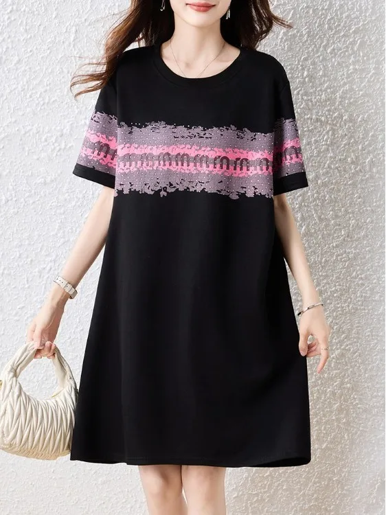 Bla imprimé perlé été Dr femme ample grande taille T-shirt Dr Vintage Sle ort Sve rond Ne Midi Dr