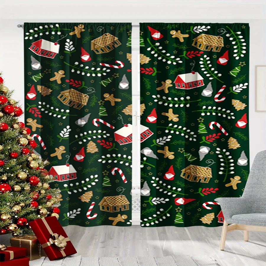 2PCS Christmas Winter Curtains, Green Gingerbread House Gnome Candy Cane Tree, Digital Print, Bedroom Living Room, Home Decor