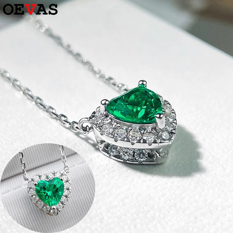 OEVAS 1CT 6.5mm Heart Cut Lab Grown Colombian Emerald Necklace for Women 100% S925 Sterling Silver Inlay moissanite Fine Jewelry