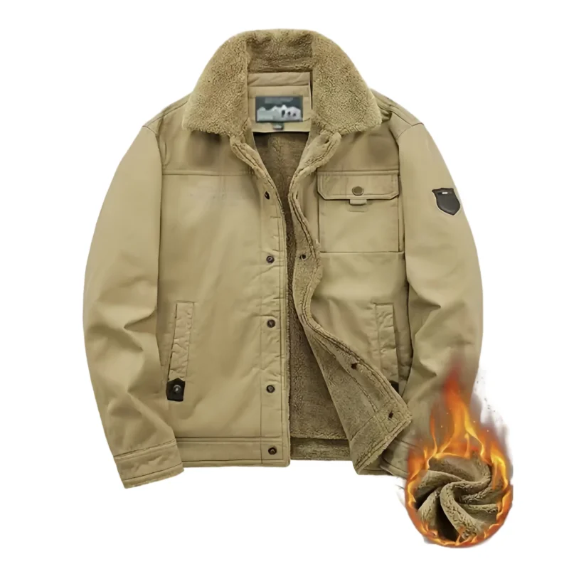Winter Men's Thickened Warm Jacket, Lambswool-Lined Workwear Coat, Vintage Lapel with Multiple Pockets, Windproof and Wear-Resistant