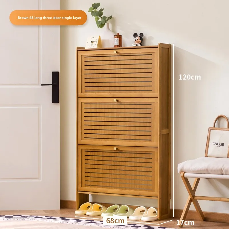 Minimaal ultradunne houten schoenenkast, moderne multi-laagse opklapbare schoenenrek, bamboe schuifdeur wandkast