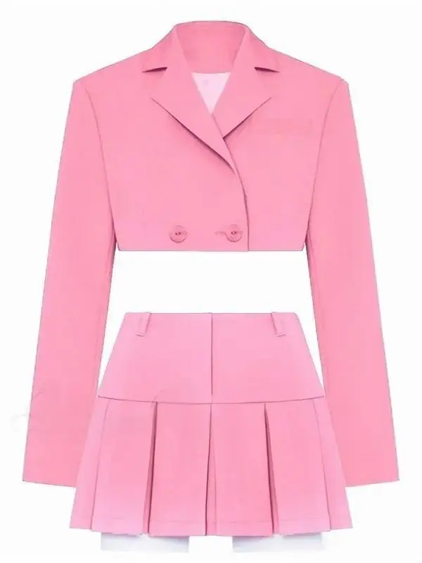 

Новая мода, сексуальный отложной воротник с длинными рукавами и двойной пуговицей, однотонные облегающие короткие костюмы + плиссированная мини-юбка выше колена