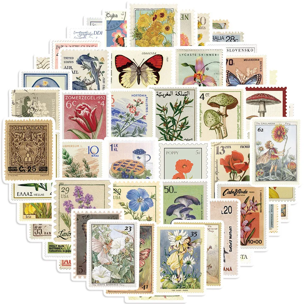 50Pcs Retro Stamp Pattern Stickers PVC Waterproof For Phone Case Luggage Notebook DIY Decor Papery Pop Store