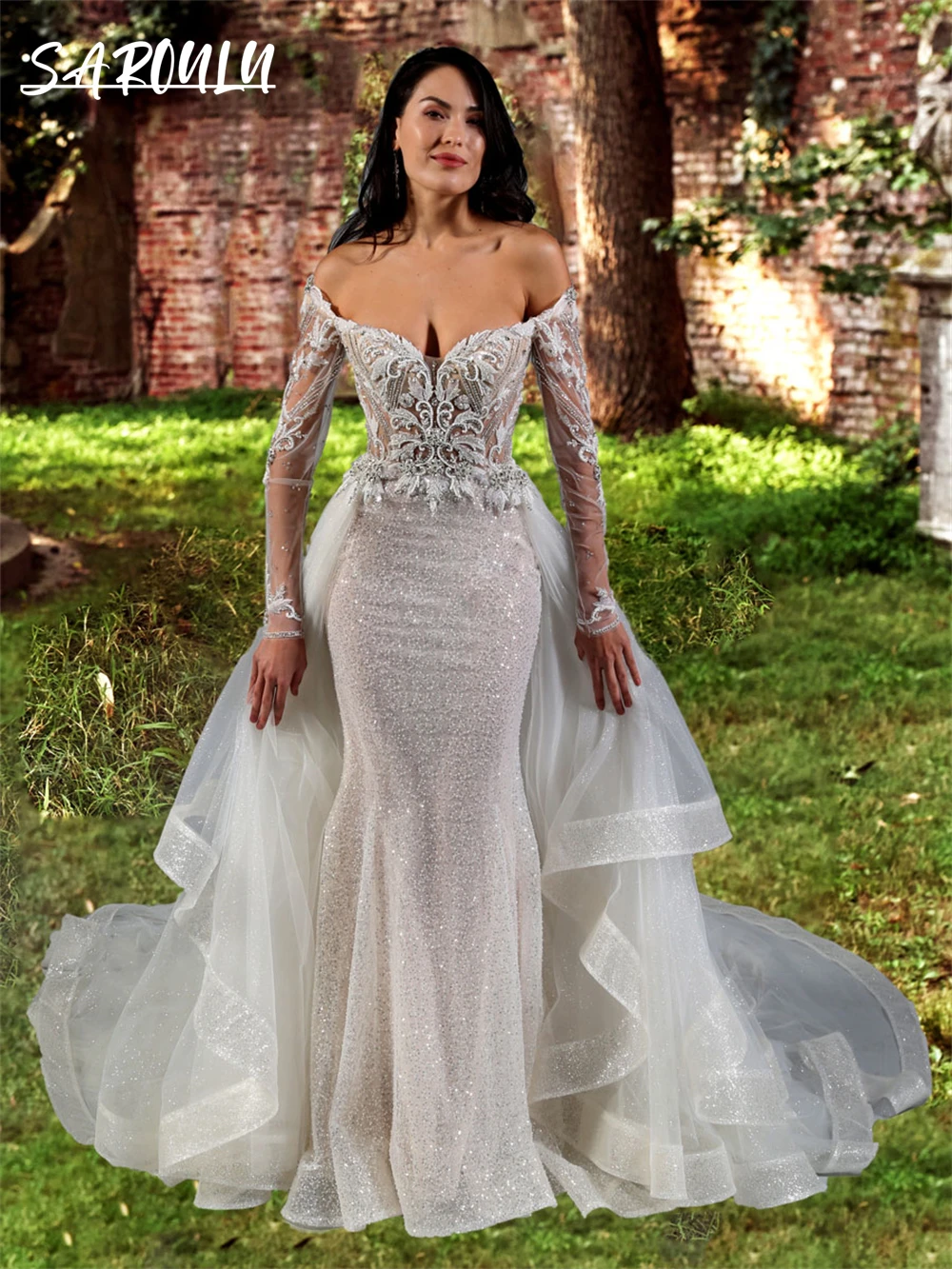 Embroidered Bodice Wedding Dress Off-Shoulder Bride Dresses Detachable Train Long Sleeve Bridal Gown Abito Da Sposa