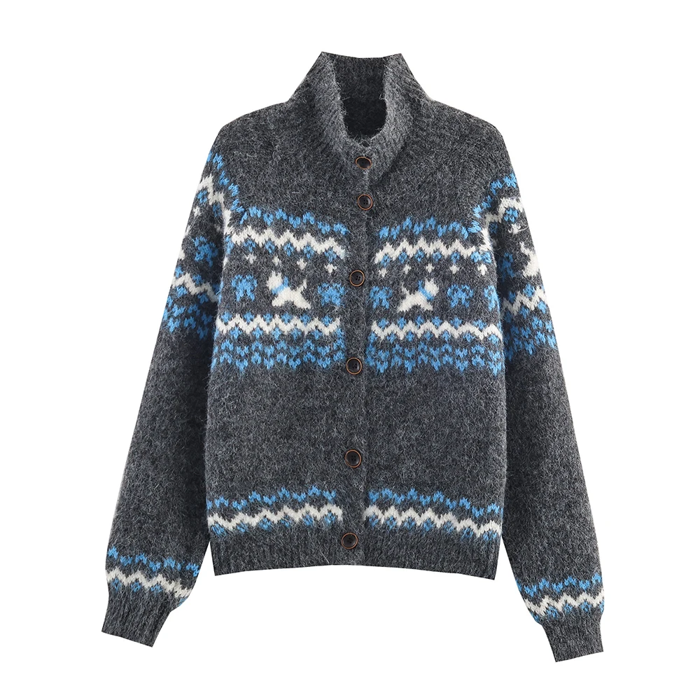 여성 패션 플로럴 니트 스탠드 칼라 오픈 가디건 스타일리시 탑 캐주얼 웨어용