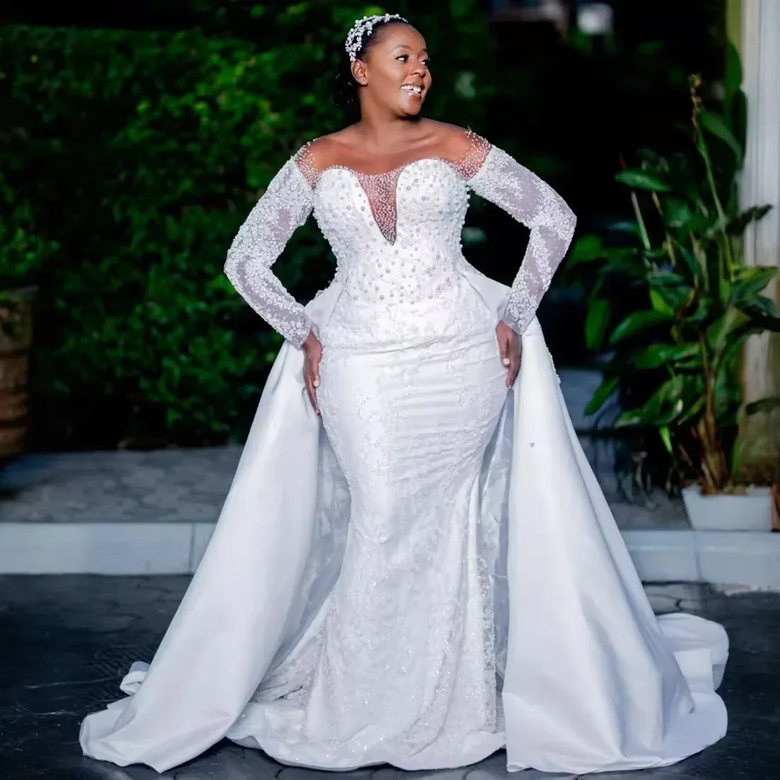 Luxury African Wedding Dress 2026 Detachable Train Sheer O-neck Long Sleeve Bead Sequins Princess Bride Bridal Gown Vestidos