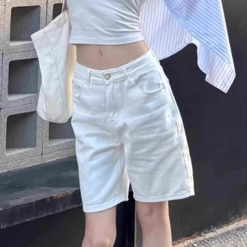 

High Waist Loose Fit Summer Thin White Denim orts Women's A-Line Five-Quarter Straight Leg Cotton Stretch Jeans Casual orts