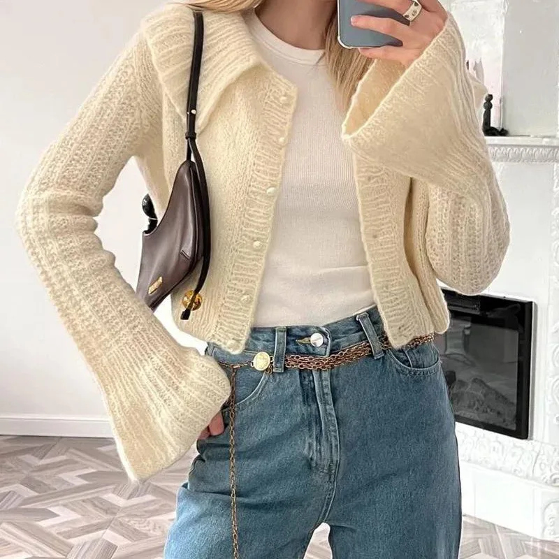 

2025 Autumn Winter Fashion New Korean Cropped Lapel Bell Sleeve Knitted Cardigan Sweater Women