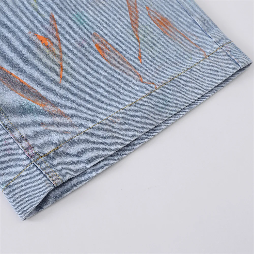 MWJLPWQ Hand-Painted Graffiti Splatter Ink Men's Summer Vintage Punk Distressed Washed Loose Straight-Leg Shorts Trendy 17219