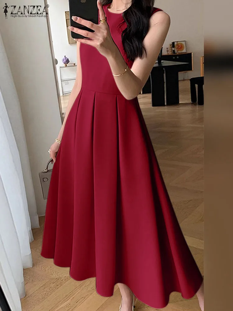 ZANZEA Women Sleeveless Pleated Dress 2024 Summer Korean A-line Tank Evening Dress Elegant Swing Vestido Vintage Party Long Robe