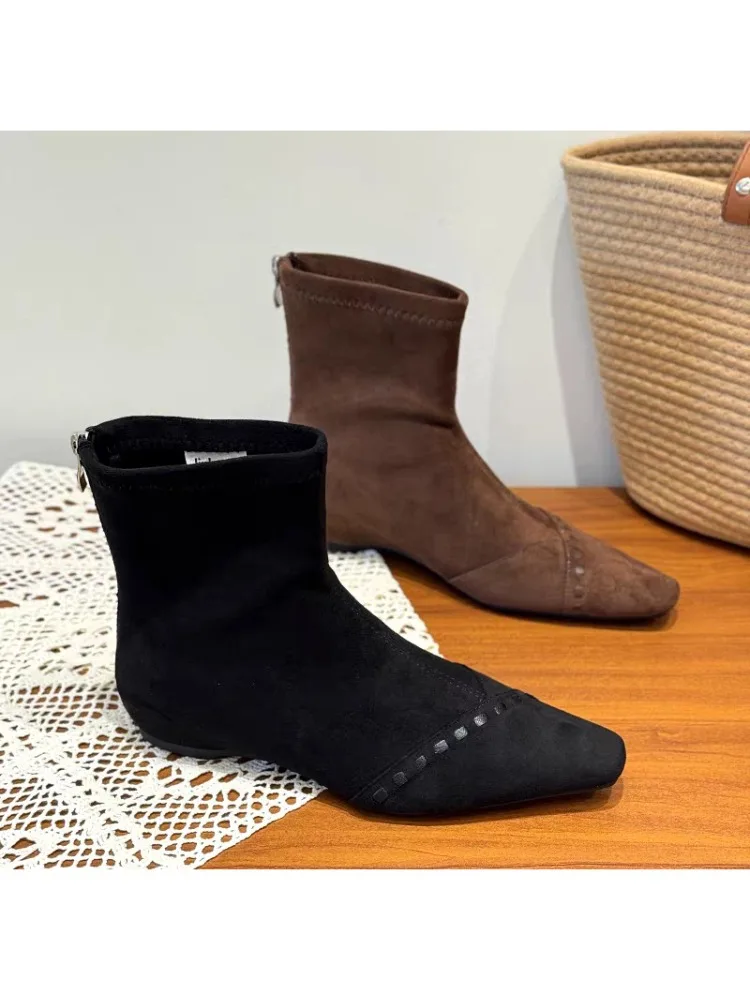 Chaussettes élastiques bottes femmes bottines mode bout carré chaussons courts dames élégant talons bas larges chaussons